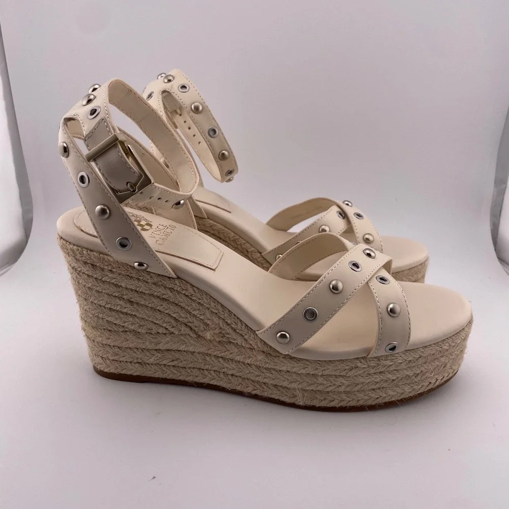 Vince Camuto Cream Studded Feegella Espadrille Wedge Sandals Women's Size‎ 8.5